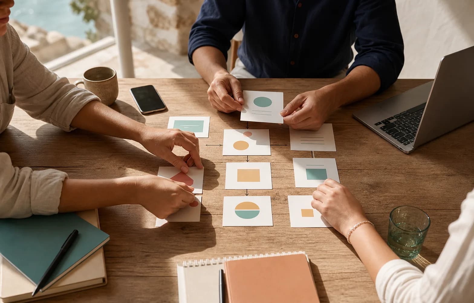 Manos ordenando tarjetas de un flujo de trabajo sobre una mesa