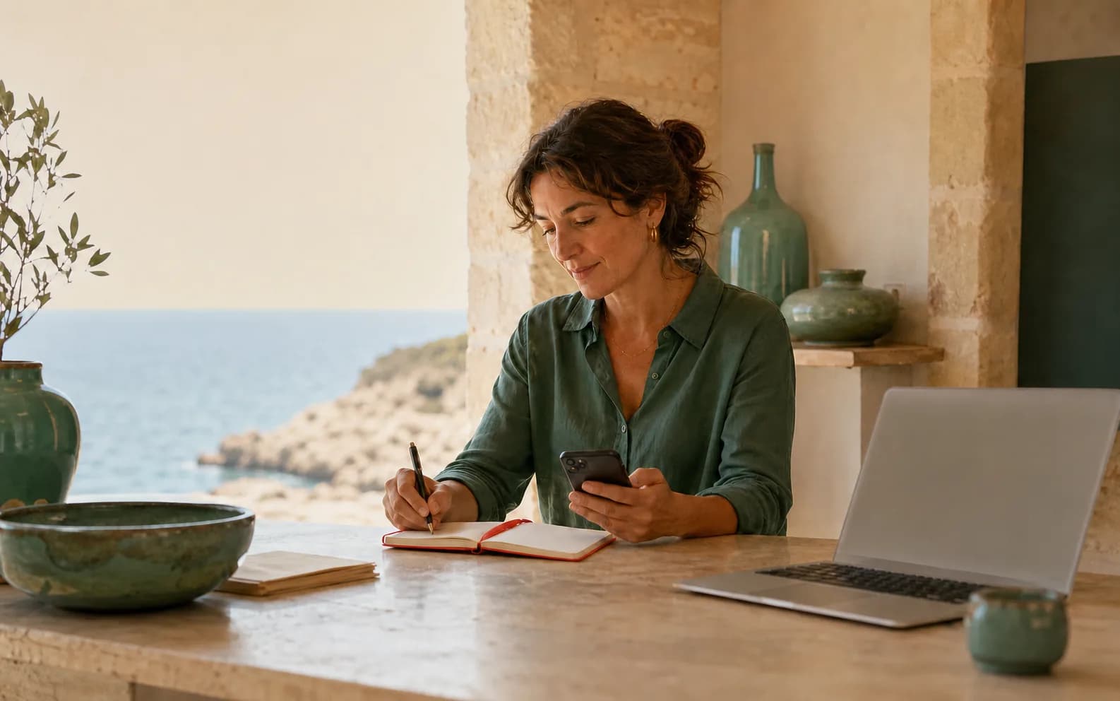 Profesional revisando una conversación en el móvil y tomando notas