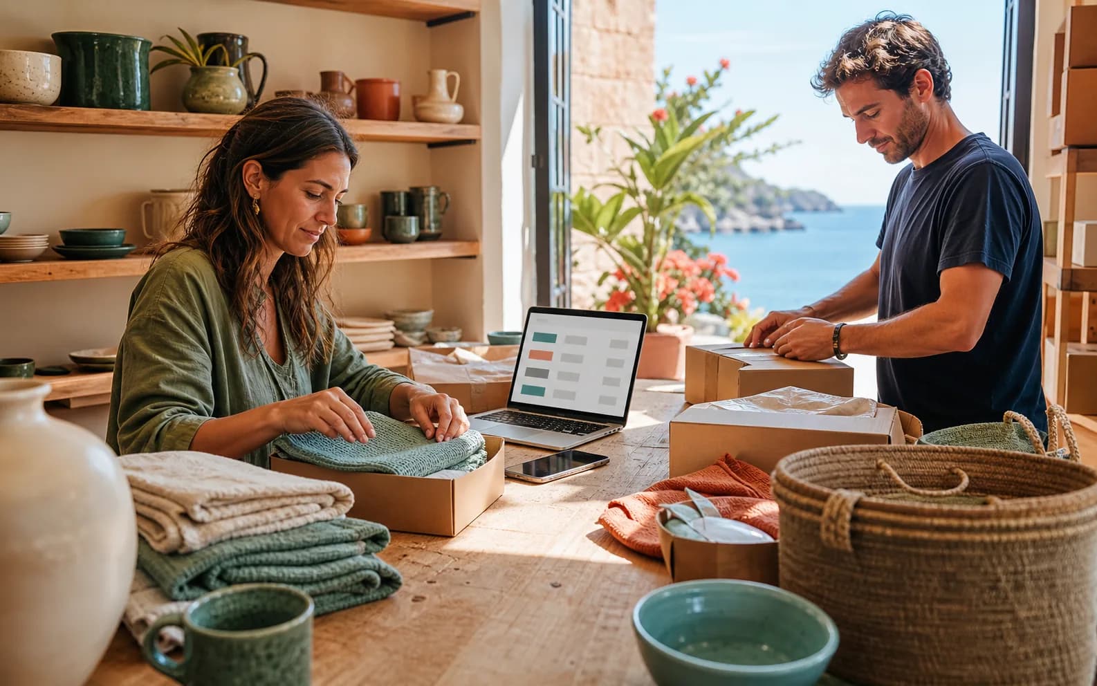Equipo preparando pedidos de varios comercios desde una mesa compartida